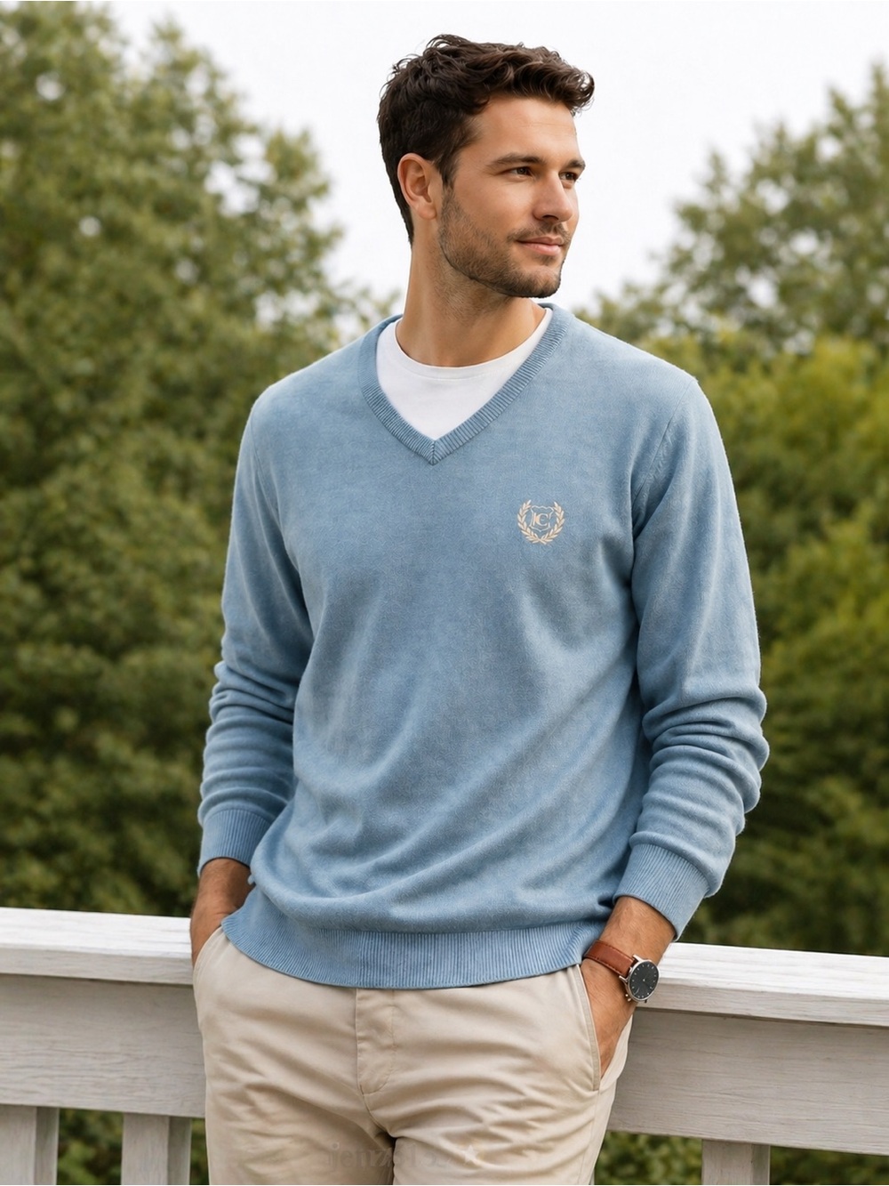 Chaps Cotton Silk V-Neck Sweater Mens Large Blue Lightweight Preppy Classic